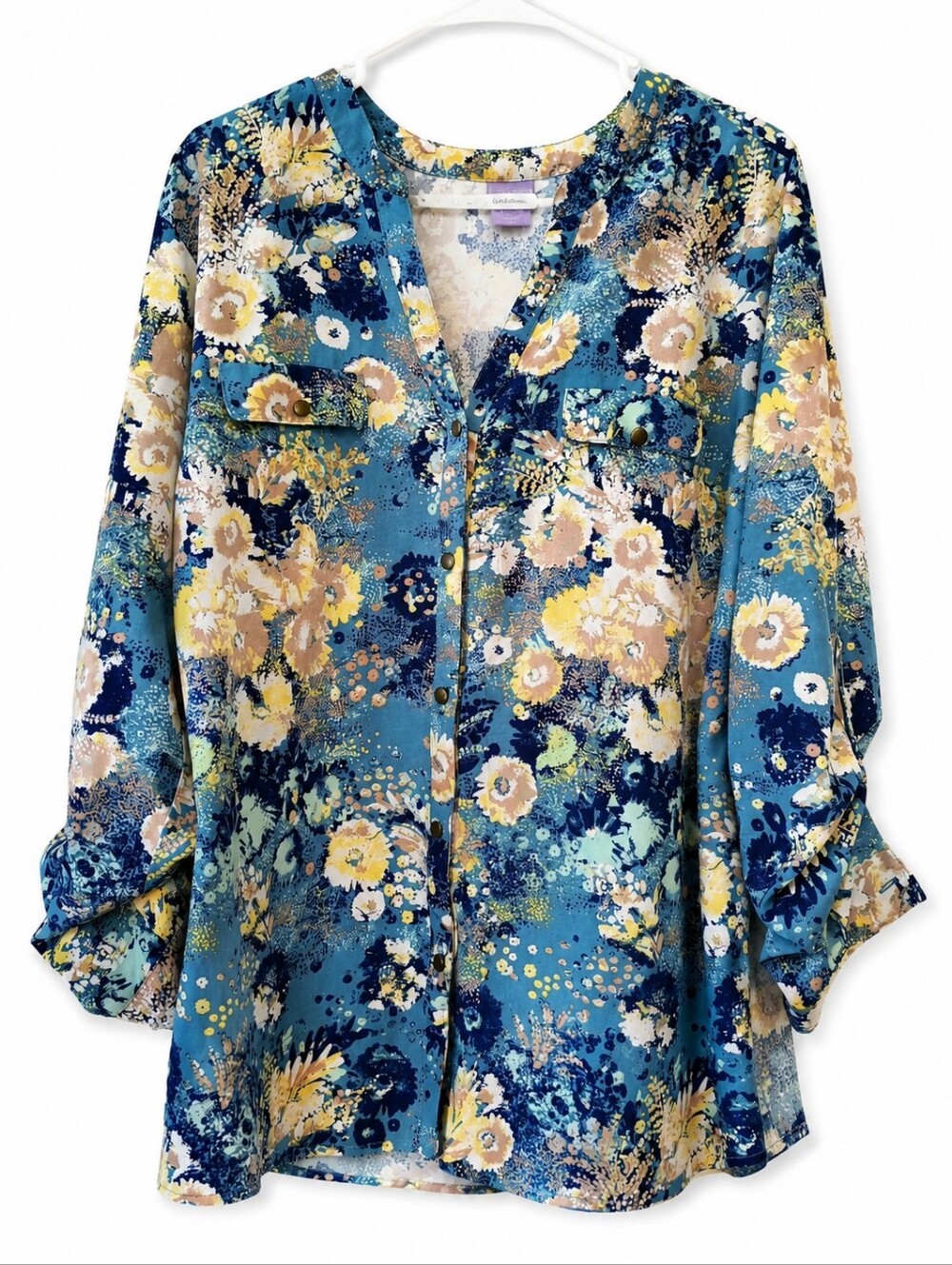 Laura Scott Blue Yellow Floral Print Utility Blouse Button Front Roll Tab Top XL